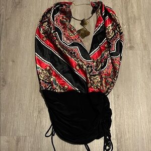 Elegant Black and Red Scarf with Gold Accents